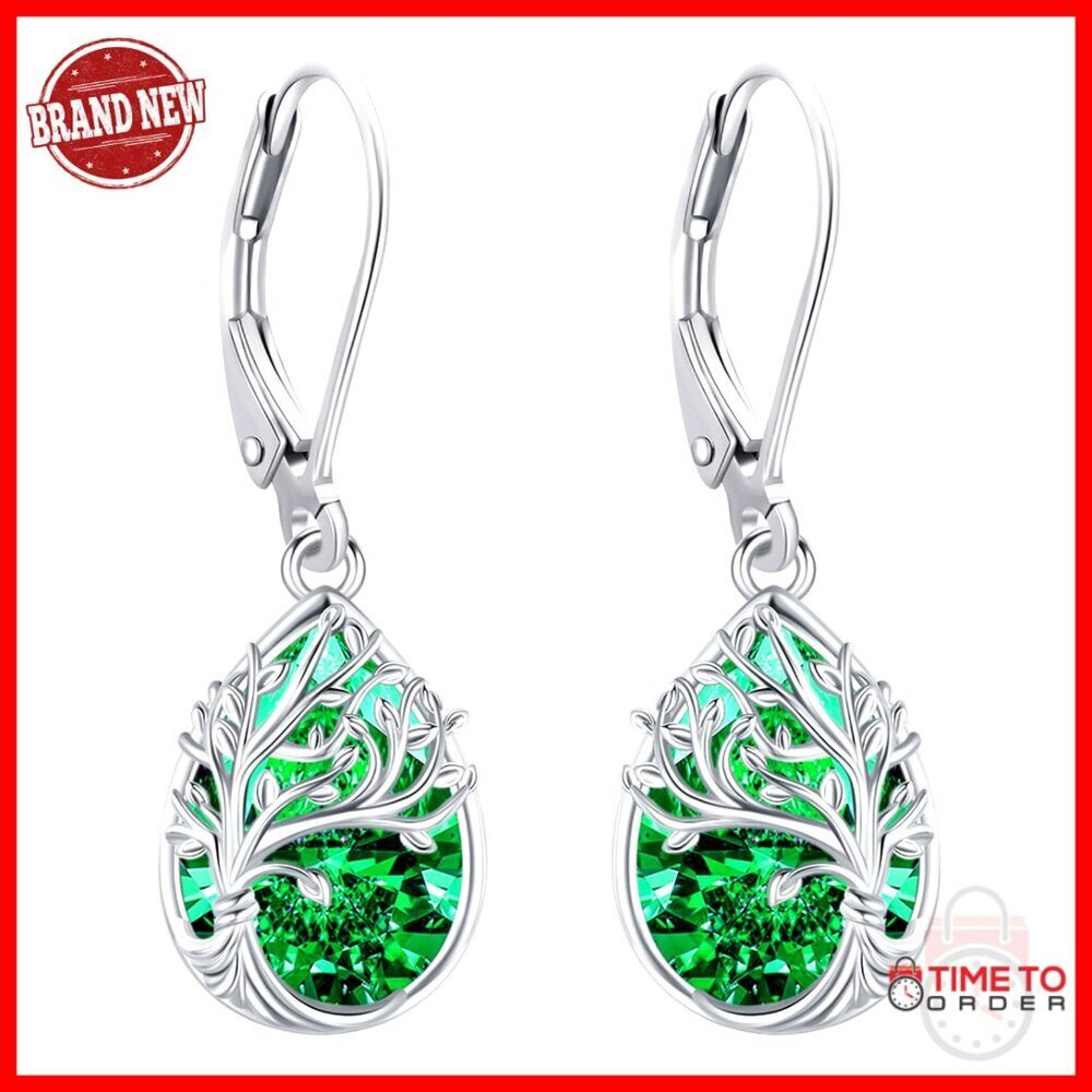 Sterling Silver Tree of Life Dangle Earrings with Emerald Gemstone